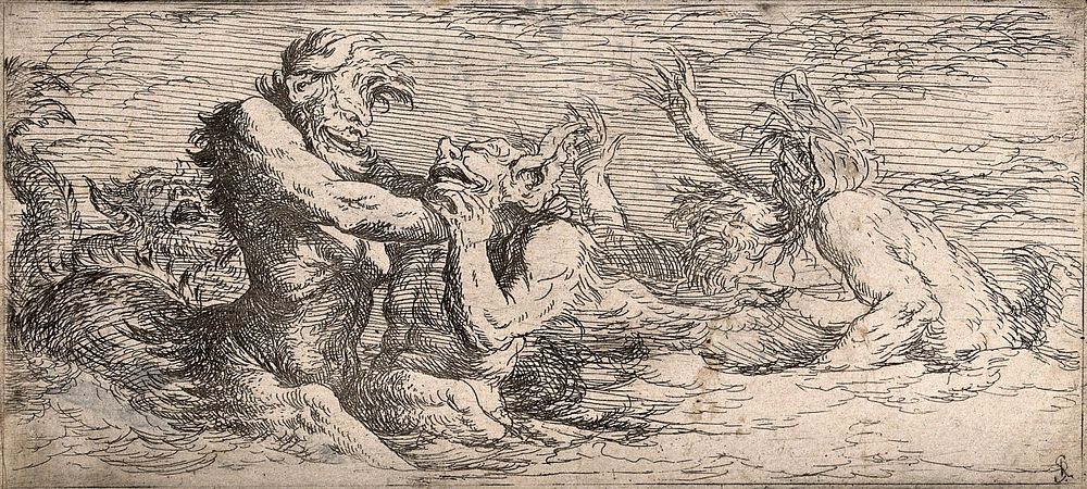 Sea monsters fighting. Etching by S. Rosa.