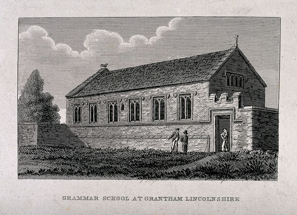 The grammar school in Grantham, Lincolnshire, attended by Isaac Newton. Engraving, ca. 1820.