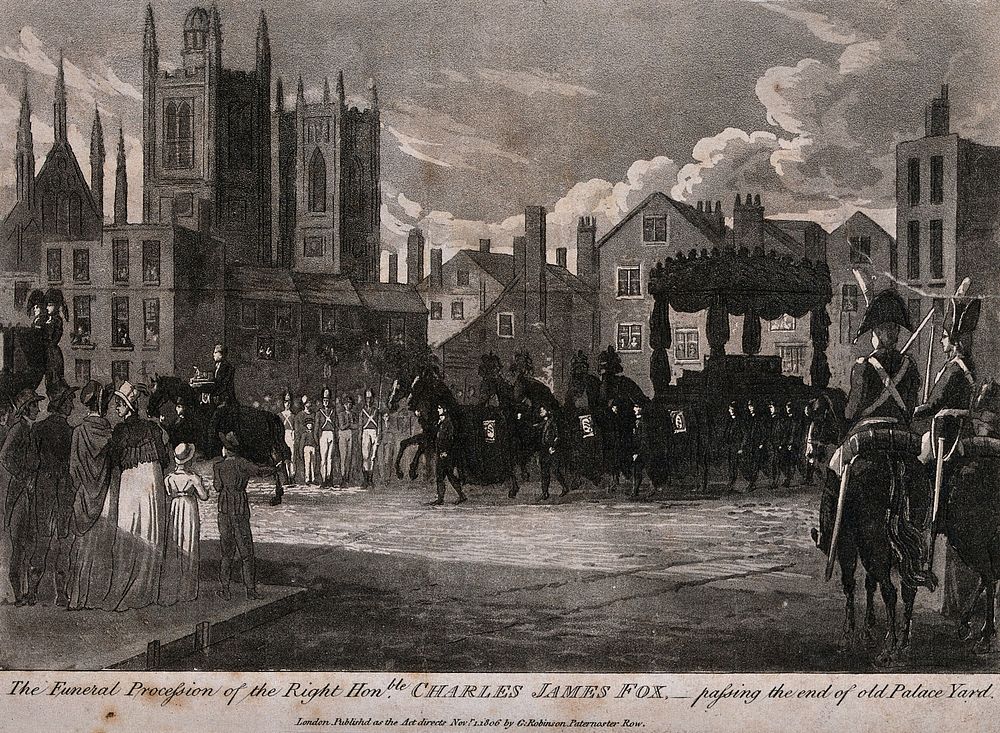 The funeral procession of Charles James Fox passing through Palace Yard in London. Aquatint, 1806.