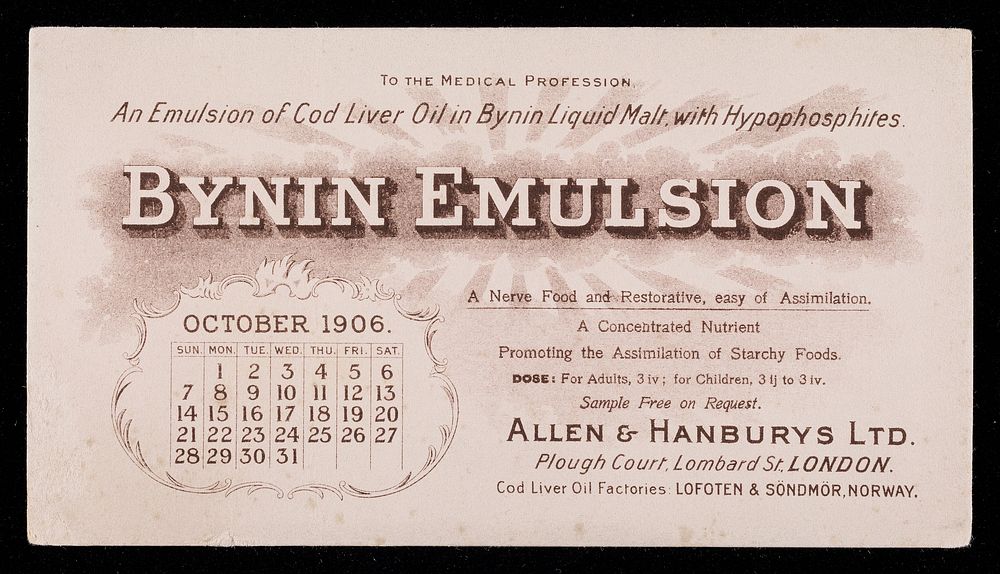 Bynin Emulsion : an emulsion of cod liver oil in Bynin liquid malt, with hypophosphites : a nerve food and restorative, easy…