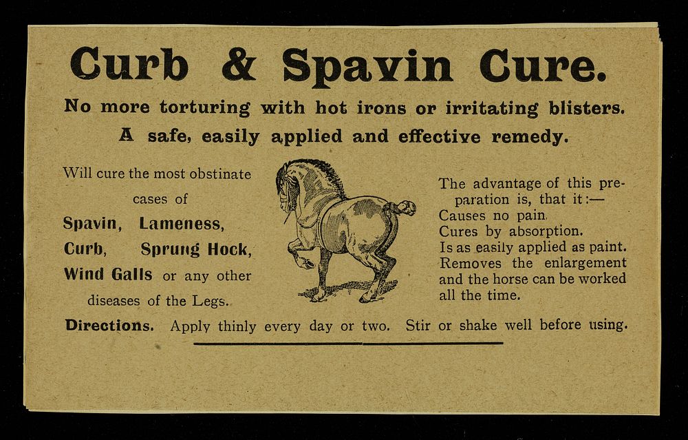 Curb & spavin cure : no more torturing with hot irons or irritating blisters : a safe easily applied and effective remedy.