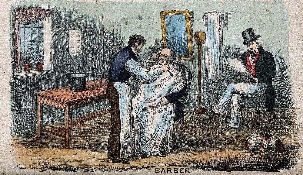 A barber shaving a man; another man sits in the background awaiting his turn. Coloured etching.