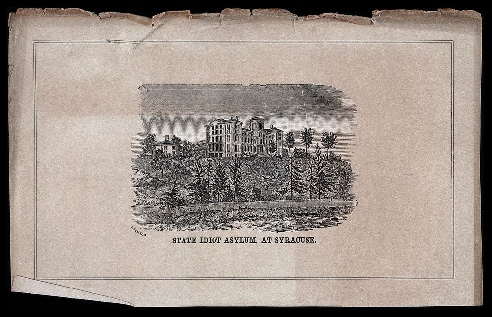 The New-York State Asylum for Idiots, Syracuse. Wood engraving by W. Sebald.