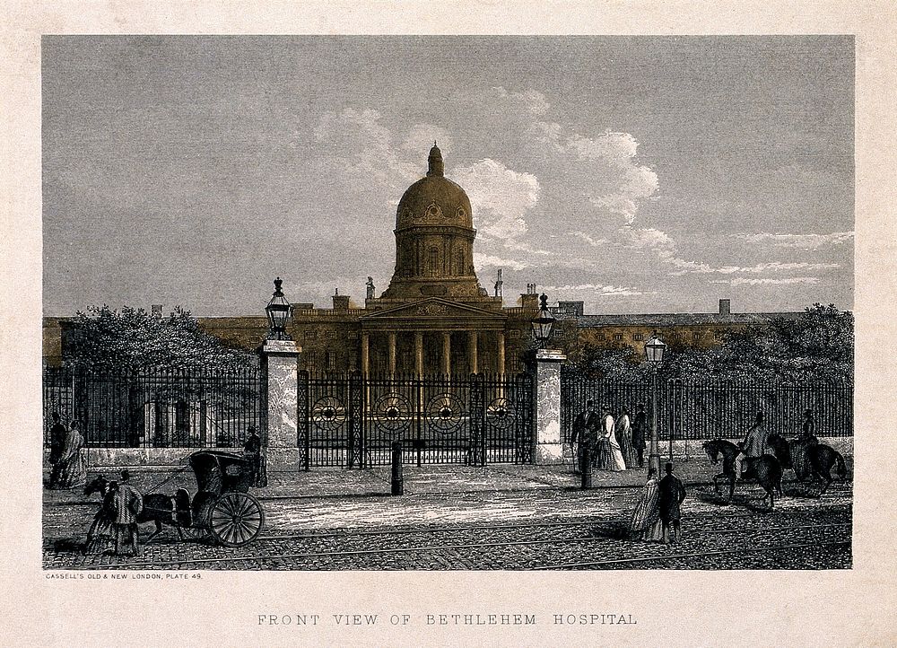 The Hospital of Bethlem [Bedlam], St. George's Fields, Lambeth. Coloured process print.