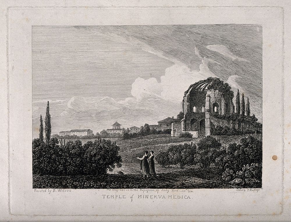 Temple of Minerva Medica, Rome: panoramic views. Etching by J. Hastings after R. Wilson.