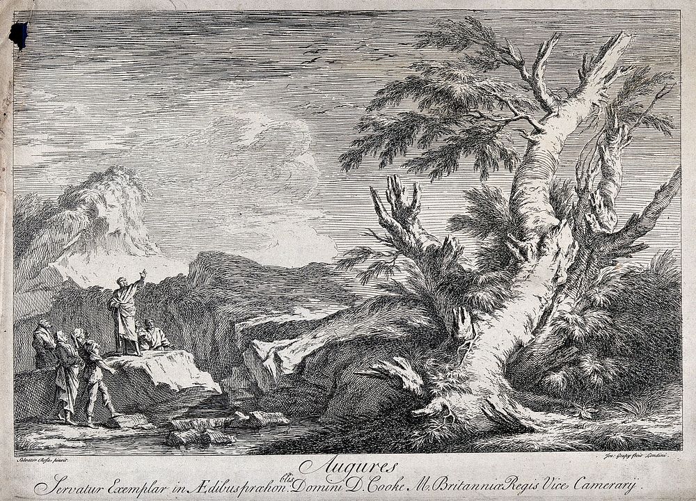 Roman augurs interpreting the flight of birds. Etching by J. Goupy, 1724, after S. Rosa.