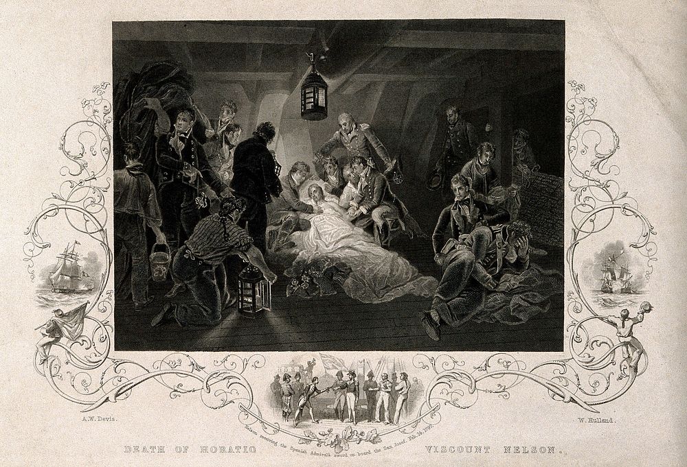 The death of Lord Nelson on the quarter deck aboard HMS Victory at the battle of Trafalgar. Engraving by W. Hulland after A.…