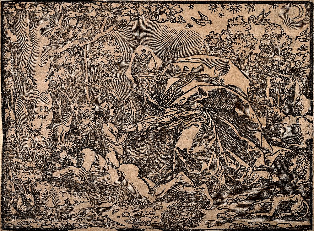 God creating Eve out of Adam and blessing her amidst the natural wonders of Eden. Woodcut after H. Brosamer, 1549.