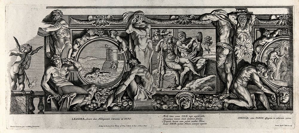 Leander and Hero; Iole and Hercules; Pan and Syrinx. Etching by P. Aquila after Annibale Carracci.