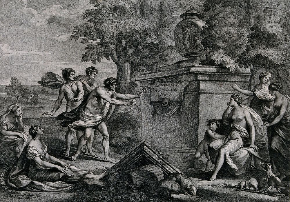 Shepherds in Arcadia discover a tomb and show signs of distress and horror. Stipple with engraving by Kirk after G.B.…