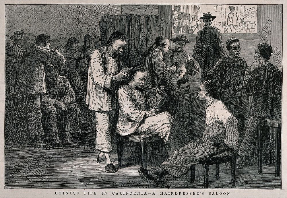 The interior of a Chinese barber-shop, in California. Wood engraving.