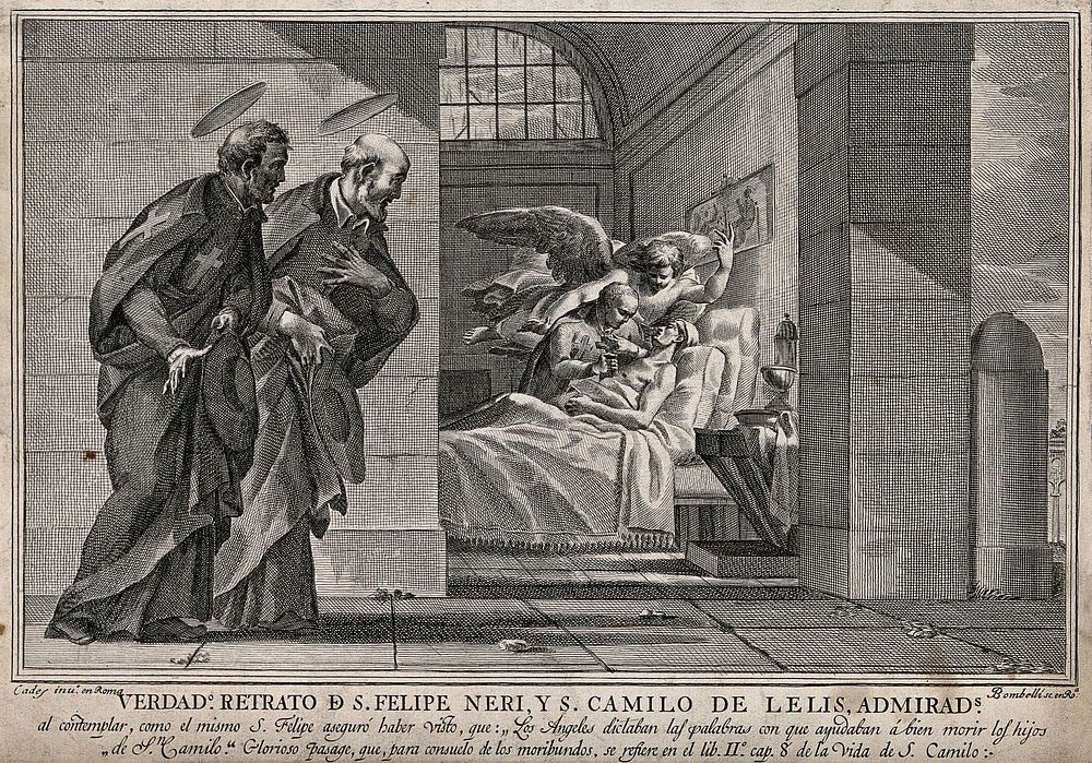 Saint Philip Neri with Saint Camillus de Lellis, an infirmary is shown behind them. Etching by P.L. Bombelli after G. Cades.