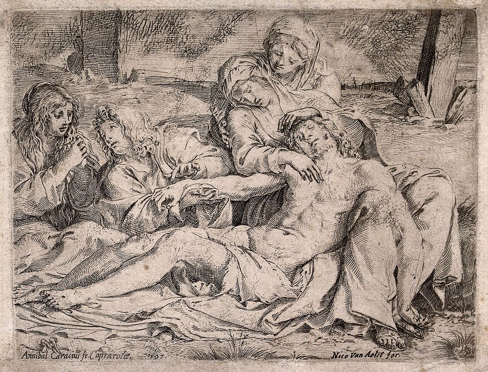 The four holy women lament over the dead Christ. Engraving by Annibale Carracci, 1597, after himself.