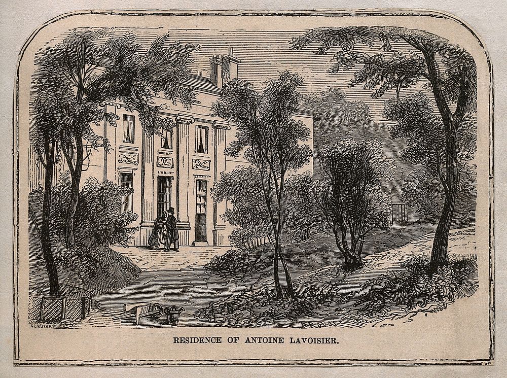 The residence of Antoine Laurent Lavoisier in Paris at Boulevard de la Madeleine, no. 11. Wood engraving by Cordier after…