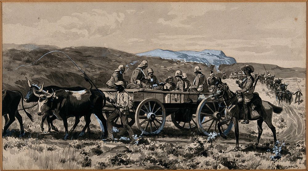 Boer War: wounded men transported in an ambulance cart drawn by oxen. Watercolour by G. Soper, 1900.