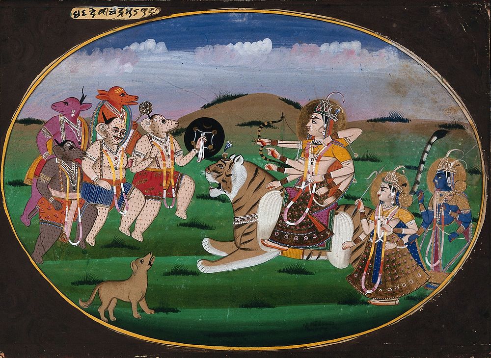 Devi Durga on a tiger draws her bow and arrow to battle the demons Chand and Mund . Gouache painting by an Indian artist.
