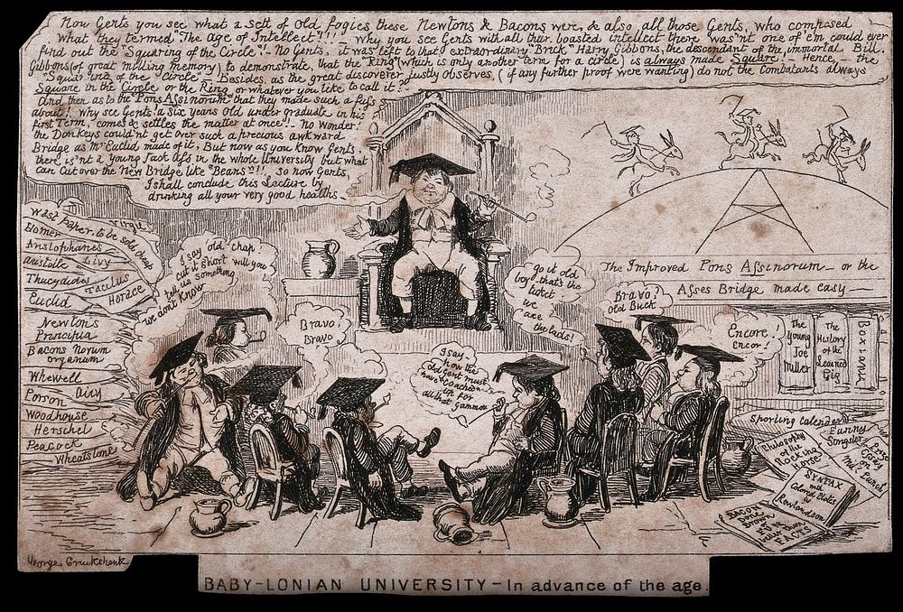 A student lecturing to other students in a parody of an academic lecture. Etching by George Cruikshank.