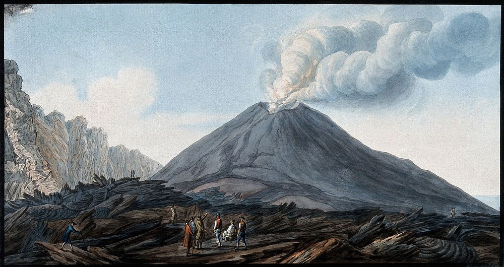 The valley Atrio di Cavallo between Vesuvius and Somma, showing smoke emerging from Vesuvius before eruption. Coloured…