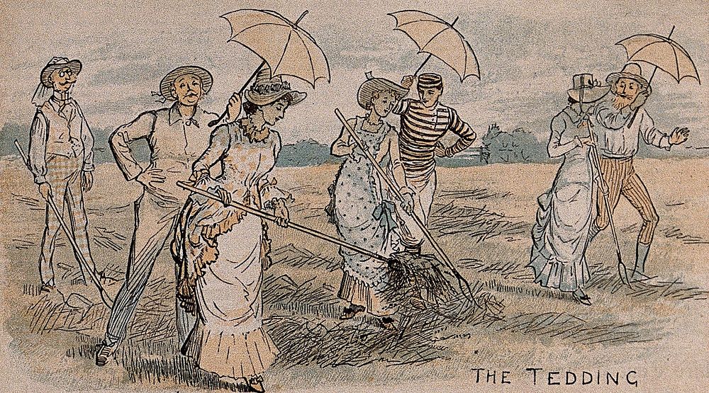 Three women tedding or spreading out cut grass to dry as hay, while the men hold parasols over them. Colour wood engraving…