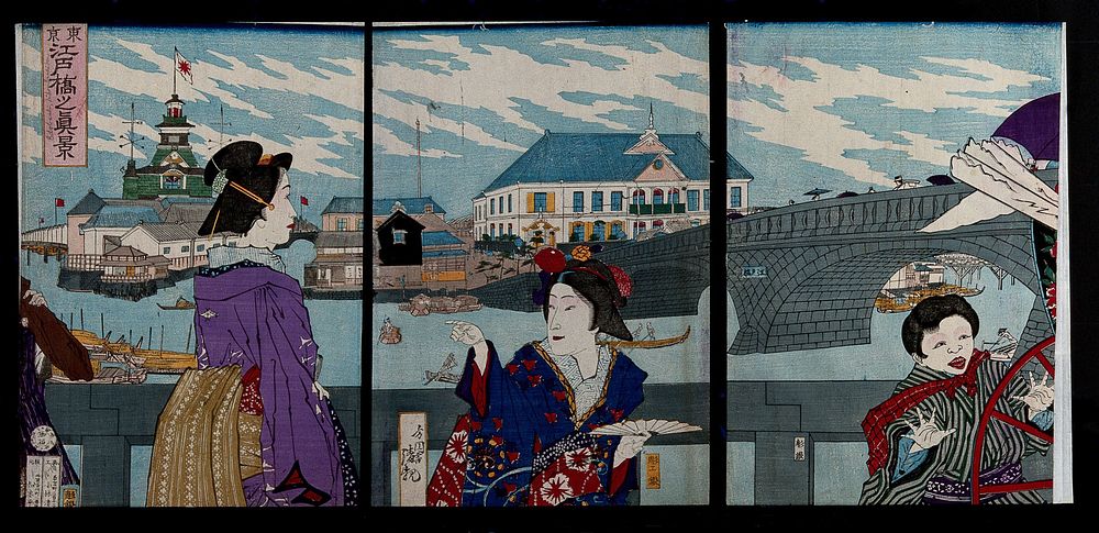 People standing on a bridge in Edo as a rickshaw passes by. Colour woodcut by Kiyochika, 1876.
