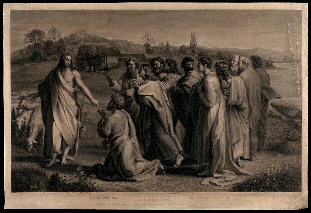 Christ's charge to Saint Peter. Engraving by T. Holloway, R. Slann and T.S. Webb, 1810, after Raphael.