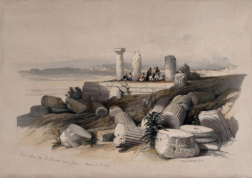 Ruins of an Ionic temple, called Om El Hamed, near Tyre. Coloured lithograph by Louis Haghe after David Roberts, 1843.