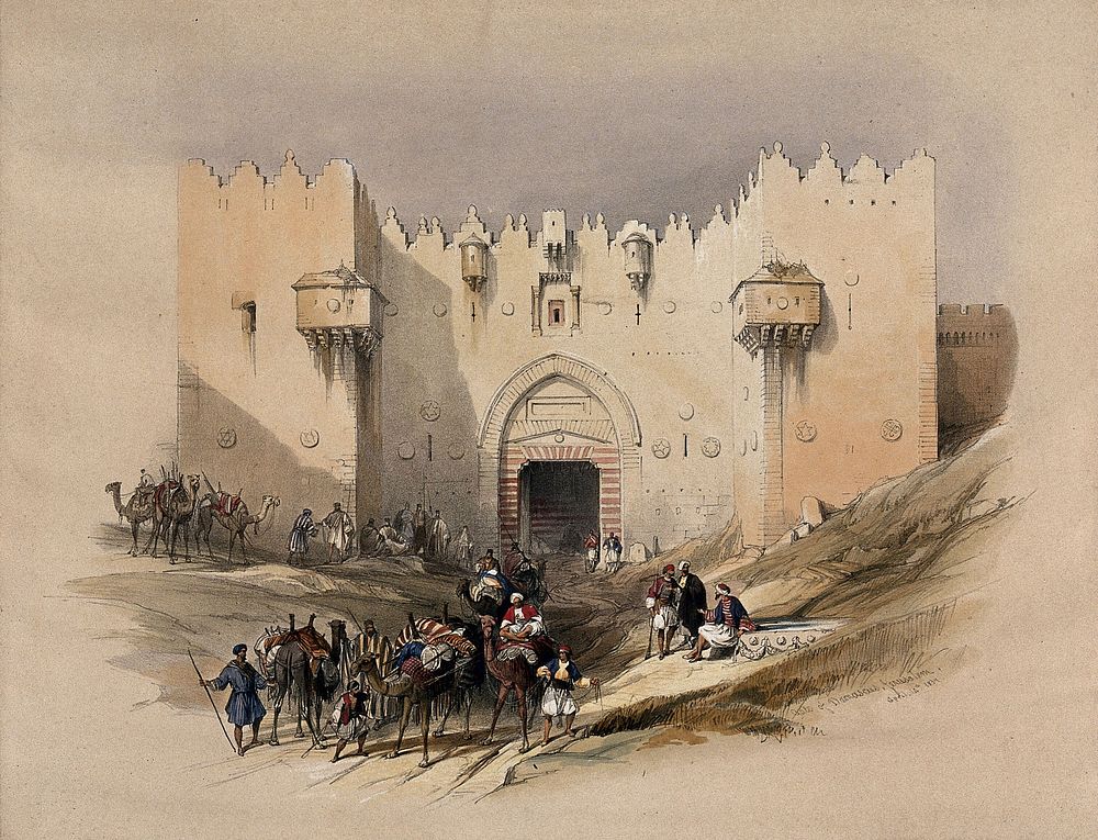People outside the Damascus gate, Jerusalem. Coloured lithograph by Louis Haghe after David Roberts, 1842.