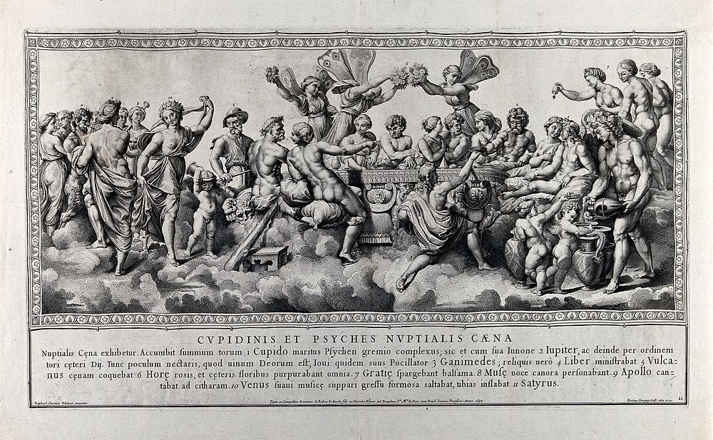 The story of Cupid and Psyche: the wedding feast of Cupid and Psyche. Engraving by N. Dorigny, 1693, after Raphael.
