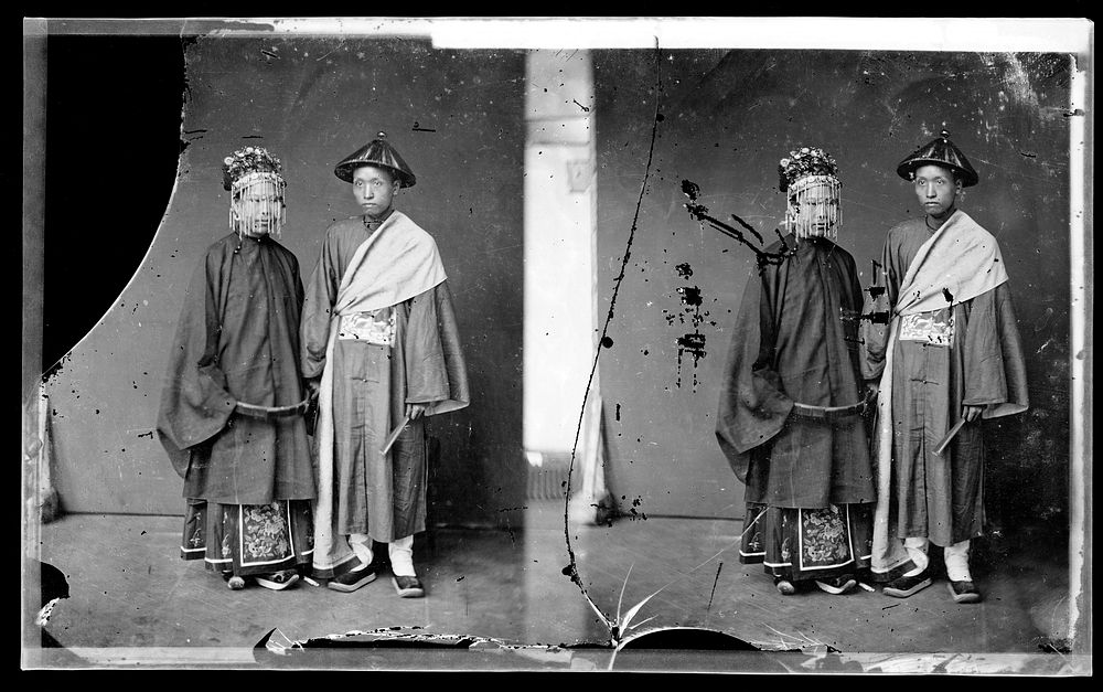 Canton (Guangzhou), Kwangtung province, China: a Cantonese bride and groom. Photograph by John Thomson, 1869.