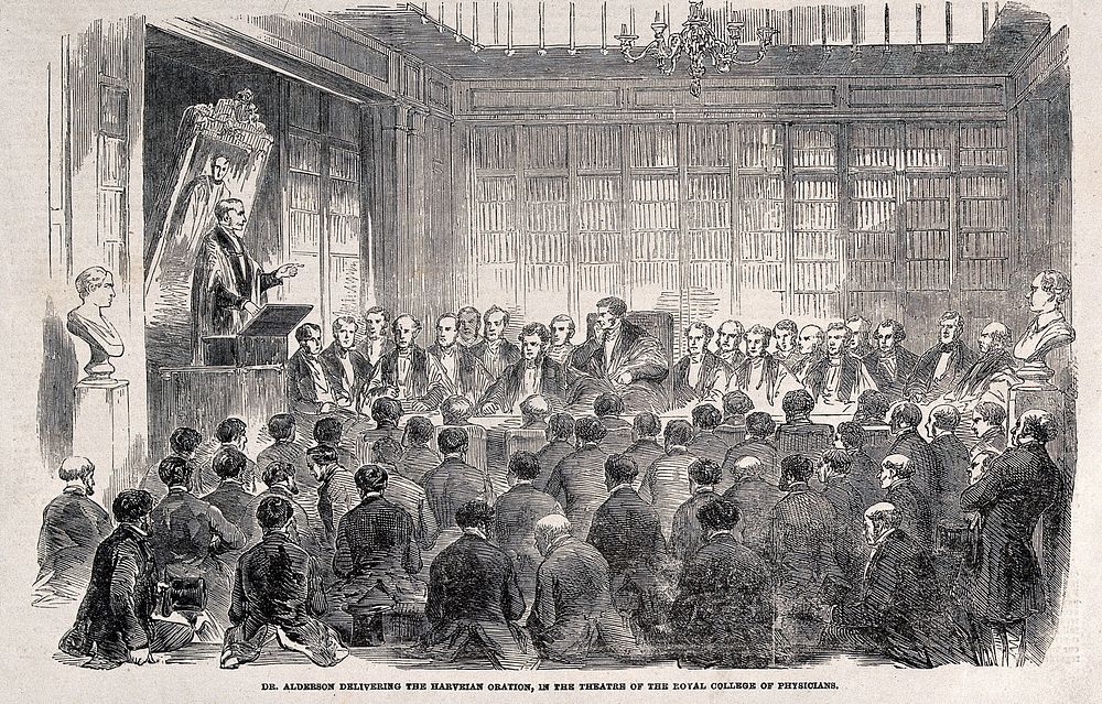The Royal College of Physicians, Trafalgar Square: Sir James Alderson delivering the Harveian lecture. Wood engraving, 1854.