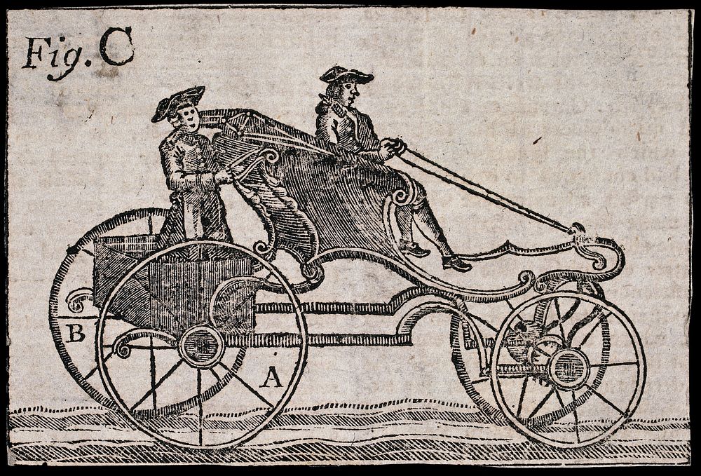A four-wheeled carriage manned by a coachman and a man (footman) at the back. Woodcut, 17--.