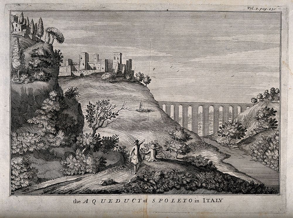 Aqueduct, Spoleto, Italy: panoramic view. Engraving.