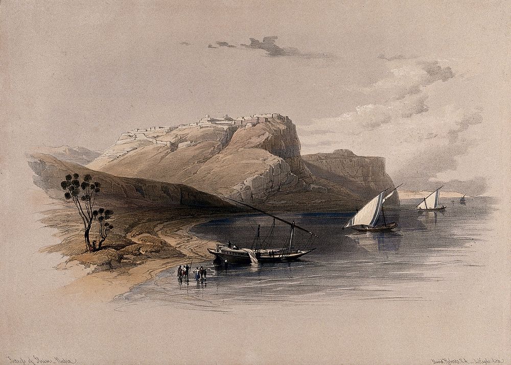 Fortress of Ibrim, Egypt. Coloured lithograph by Louis Haghe after David Roberts, 1849.
