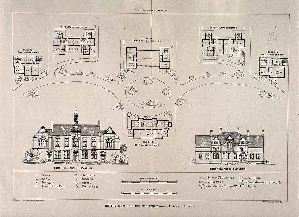 Orphanage, Swanley, Kent: floor plans, elevations, and site layout. Photolithographs by Whiteman & Bass, 1882, after H.…