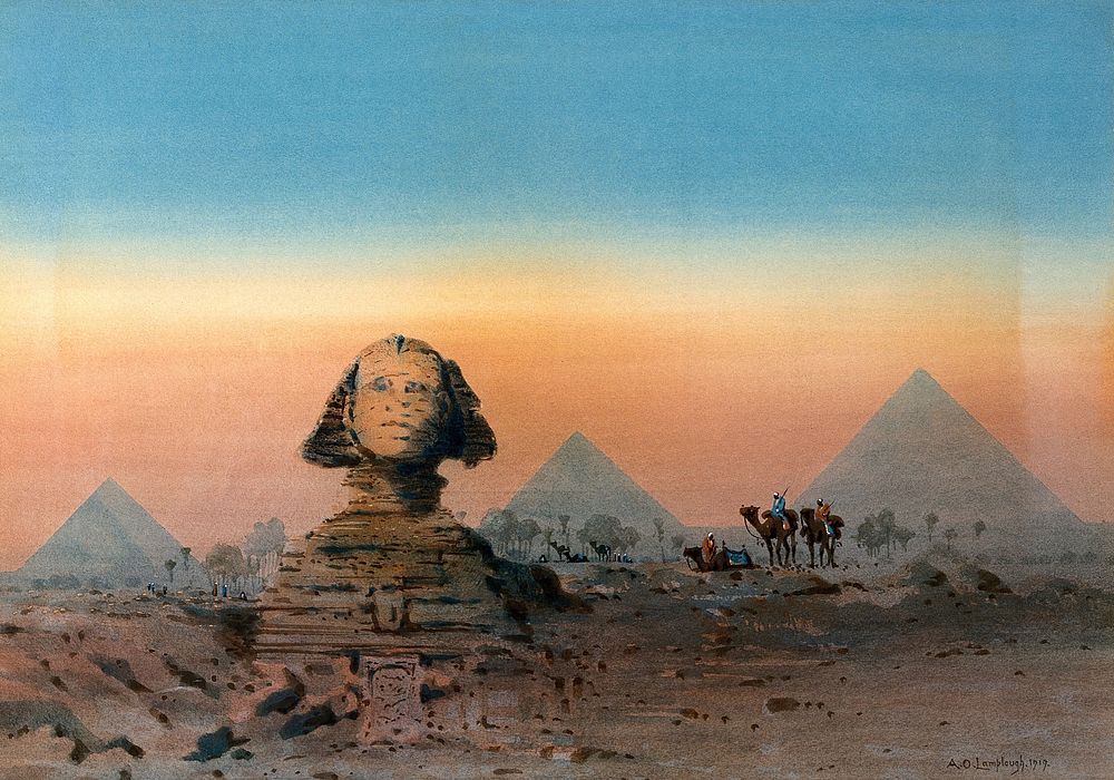The Sphinx and the Pyramids. Watercolour by A.O. Lamplough, 1919.