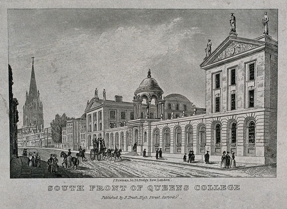 Queen's College, Oxford: panoramic view with the High Street. Etching by J. Newman.