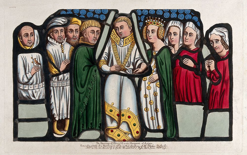 The marriage of Henry VI and Margaret of Anjou. Coloured etching by John Carter, 1793.