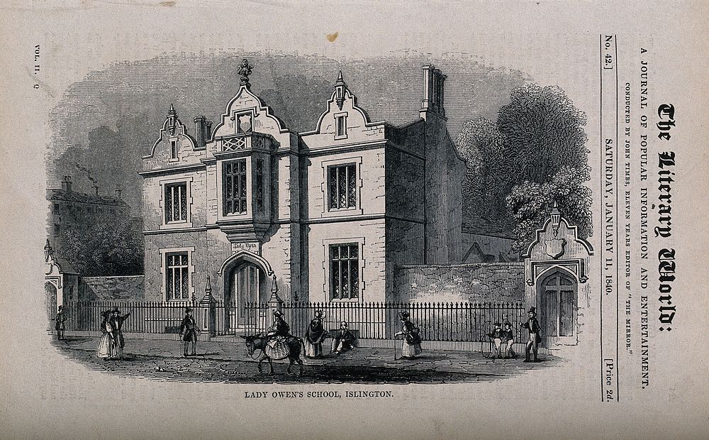 Lady Owen's School, Islington. Wood engraving, 1840.