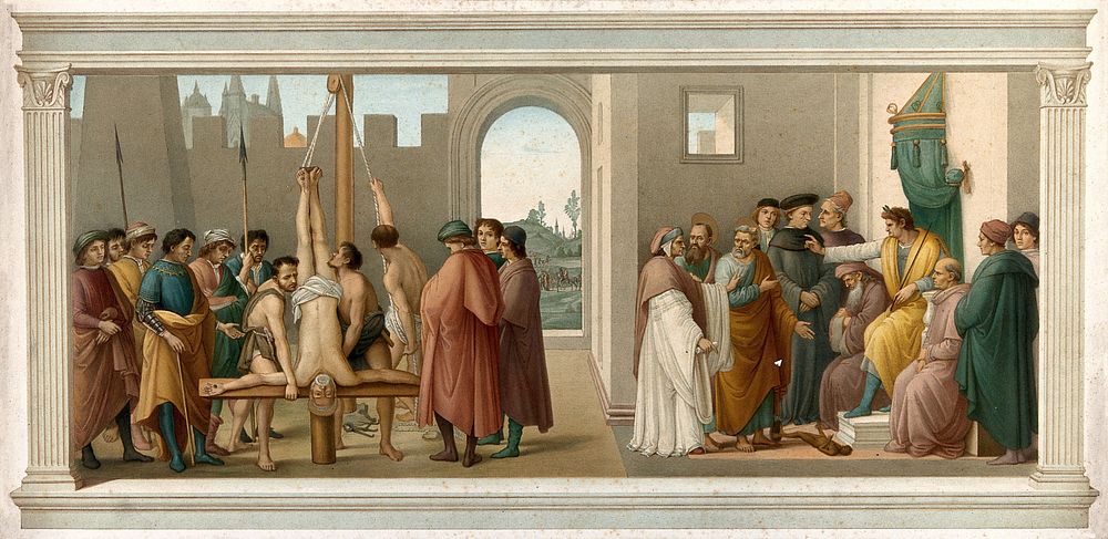 Saint Peter and Simon Magus before the emperor Nero (right); the crucifixion of Saint Peter (left). Chromolithograph after…