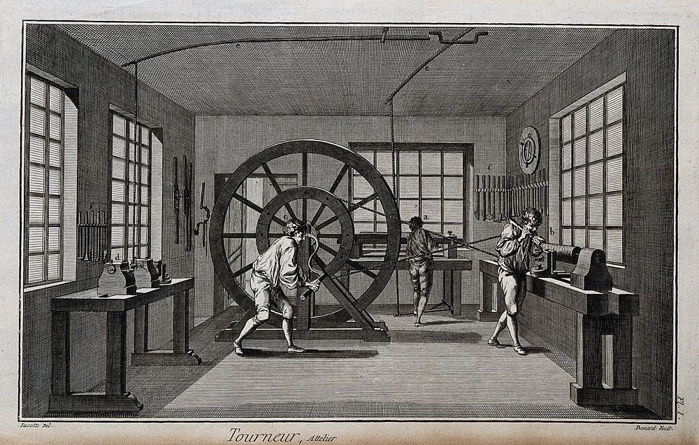 A turner's workshop, a man working the crank of a large lathe, tools ranged around the walls. Engraving by R. Bénard after…
