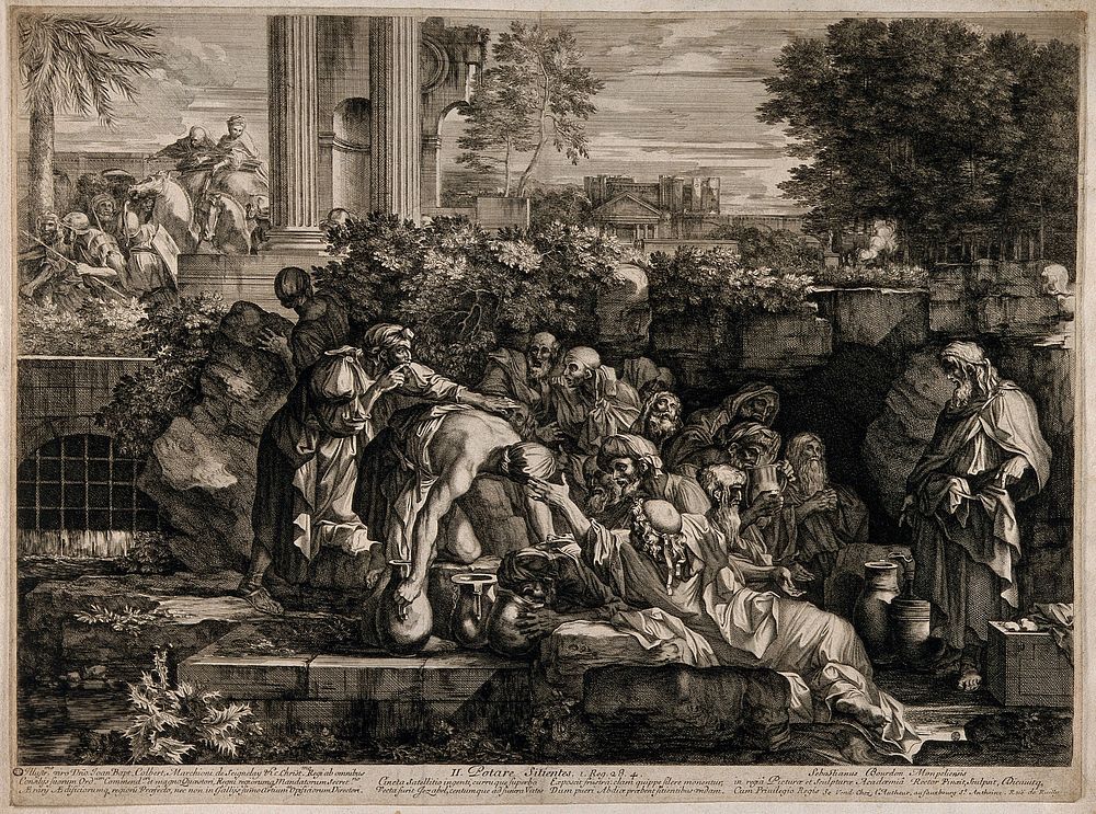 One of the seven Acts of Mercy: Give drink to the thirsty. Line engraving by S. Bourdon after himself.