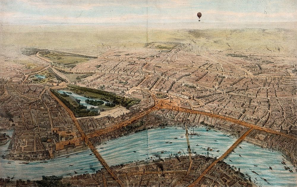 Westminster and surrounding areas of London seen from a balloon. Coloured lithograph by Jules Arnout after himself.