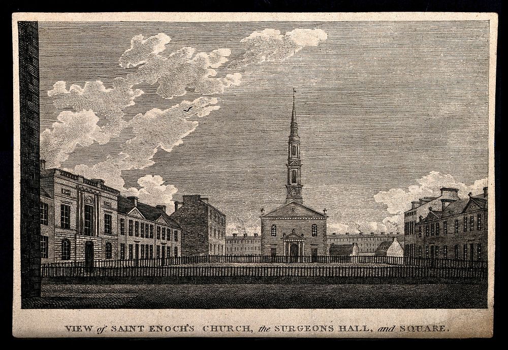 St. Enoch's Church, Surgeons Hall and square, Glasgow, Scotland. Line engraving.