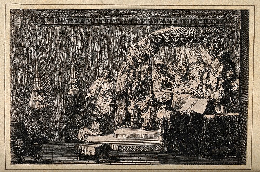 A death-bed scene of man being read his last rites surrounded by his family, the priest and courtiers. Etching.