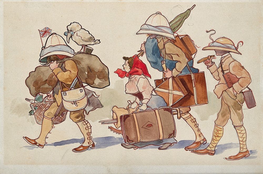 Three members of the Roman Campagne Malaria Commission with a lady carrying their gear. Coloured pen drawing by A. Terzi, ca…
