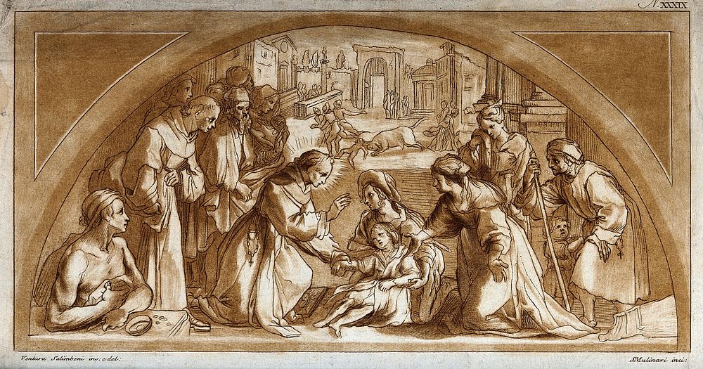 Saint Bernardino of Siena bringing a sick infant back from the dead. Colour etching by S. Mulinari after V. Salimbeni.