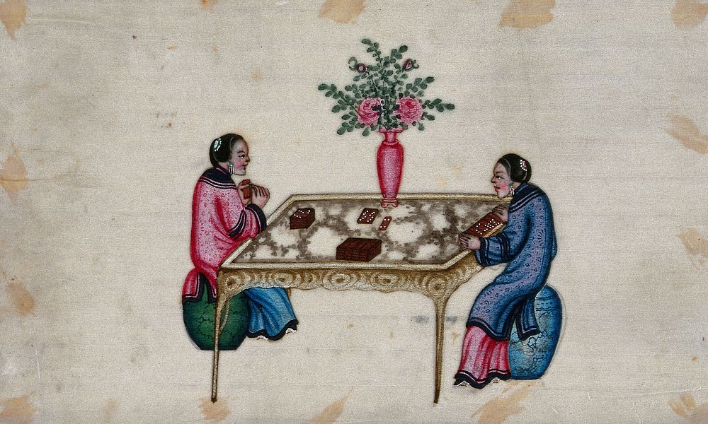 Chinese playing with dominoes. Painting by a Chinese artist, ca. 1850.