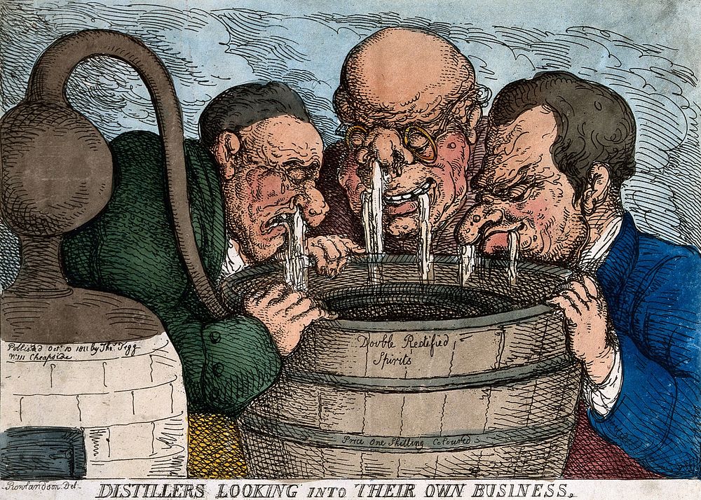 Three distillers with streams running from their noses and mouths into a tub of "double rectified spirits". Coloured…