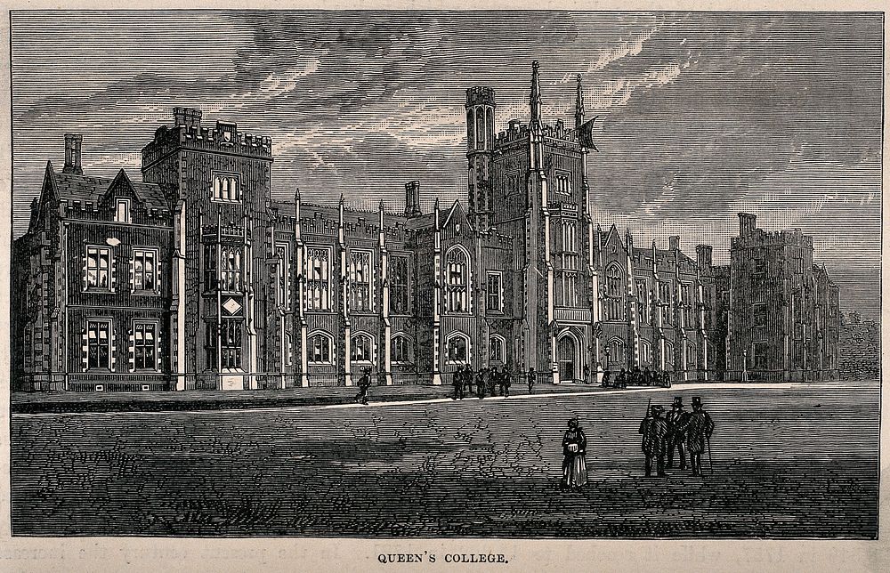 Queen's College, Oxford: panoramic view. Wood engraving.