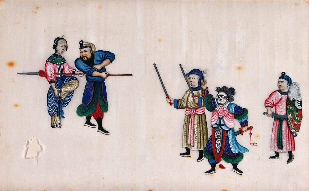 A Chinese woman in formal dress, shown standing with four armed male figures, one of whom is wearing a mask. Gouache…